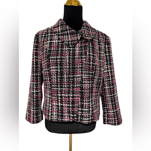 ANN TAYLOR LOFT Tweed hot pink black retro bow cropped jacket size 14 EUC - Picture 1 of 6